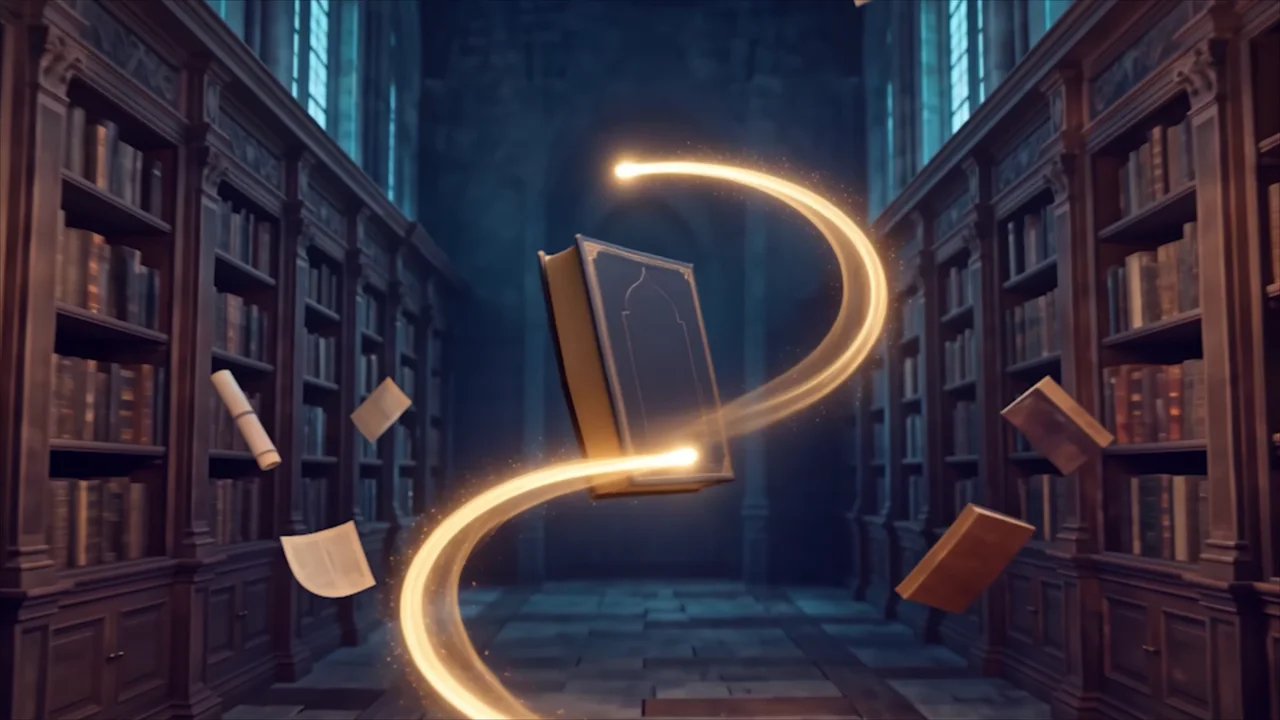 A floating book surrounded by a ribbon of light inside a library