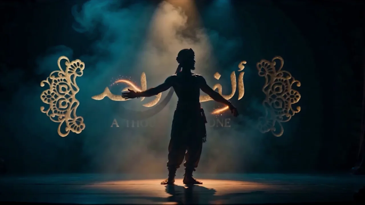 An AI-created shadow dancer emerging through smoke and ornamental light