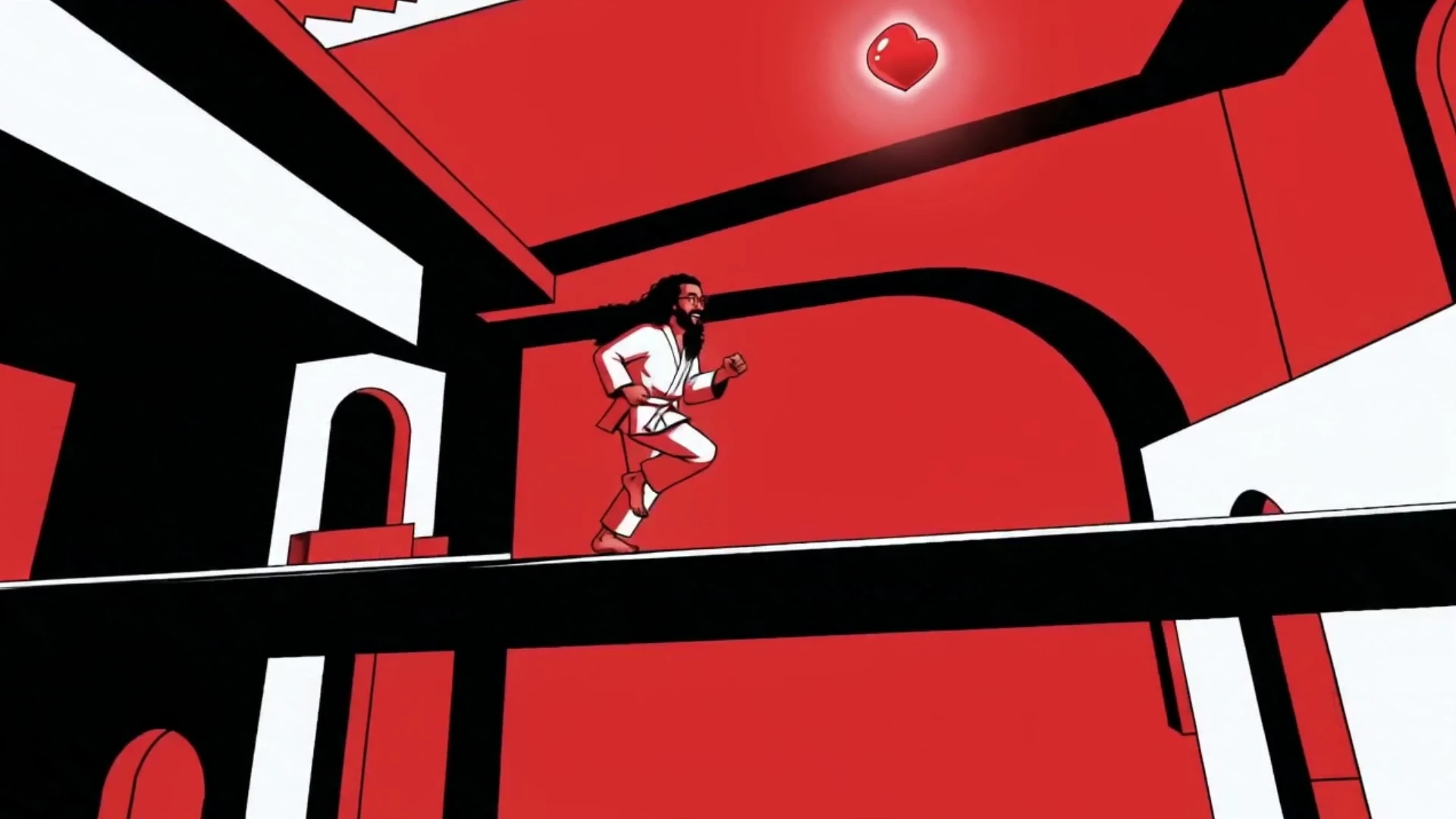 Mohamed Sayed runs through a red, black and white impossible interior