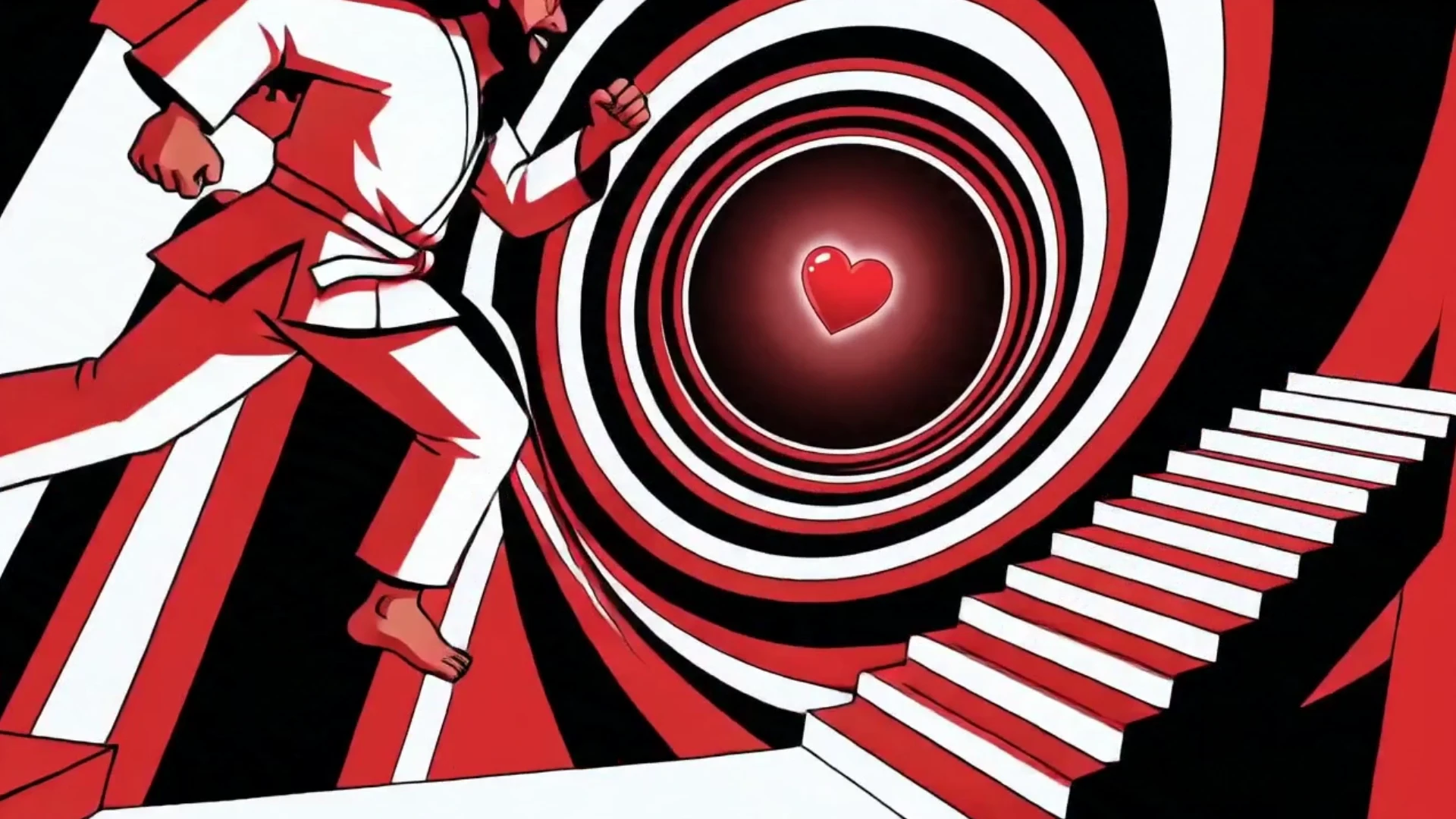 A glowing heart sits inside concentric graphic rings and stairs