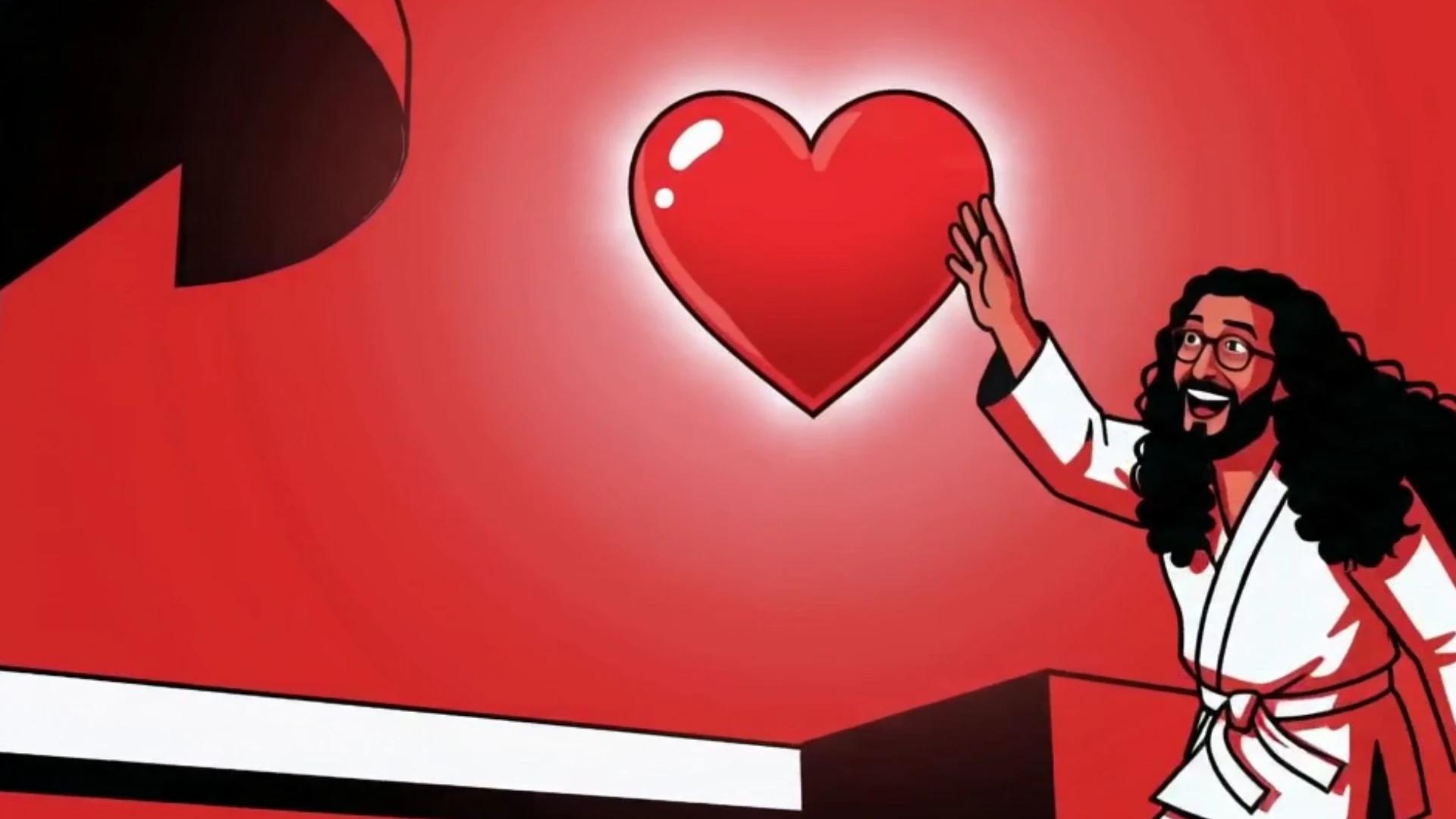 The presenter reaches toward the glowing heart