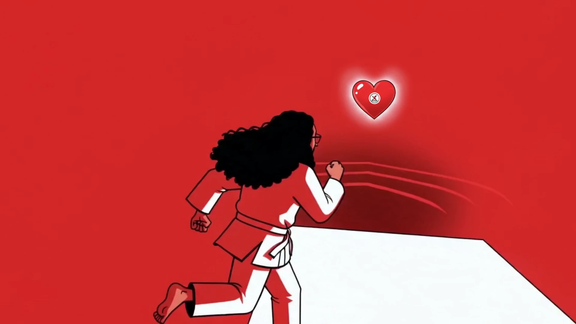 The presenter approaches the heart across a red void