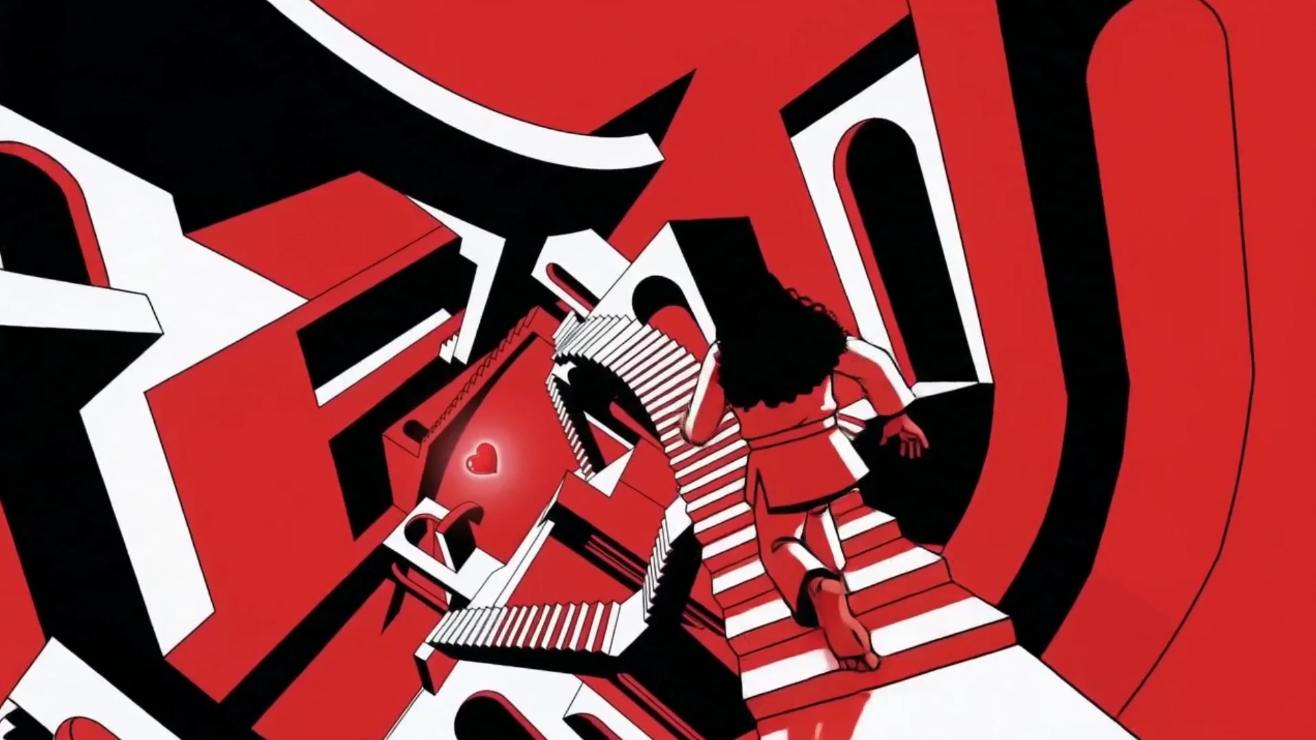 Mohamed Sayed running through an M.C. Escher-inspired world of impossible stairs