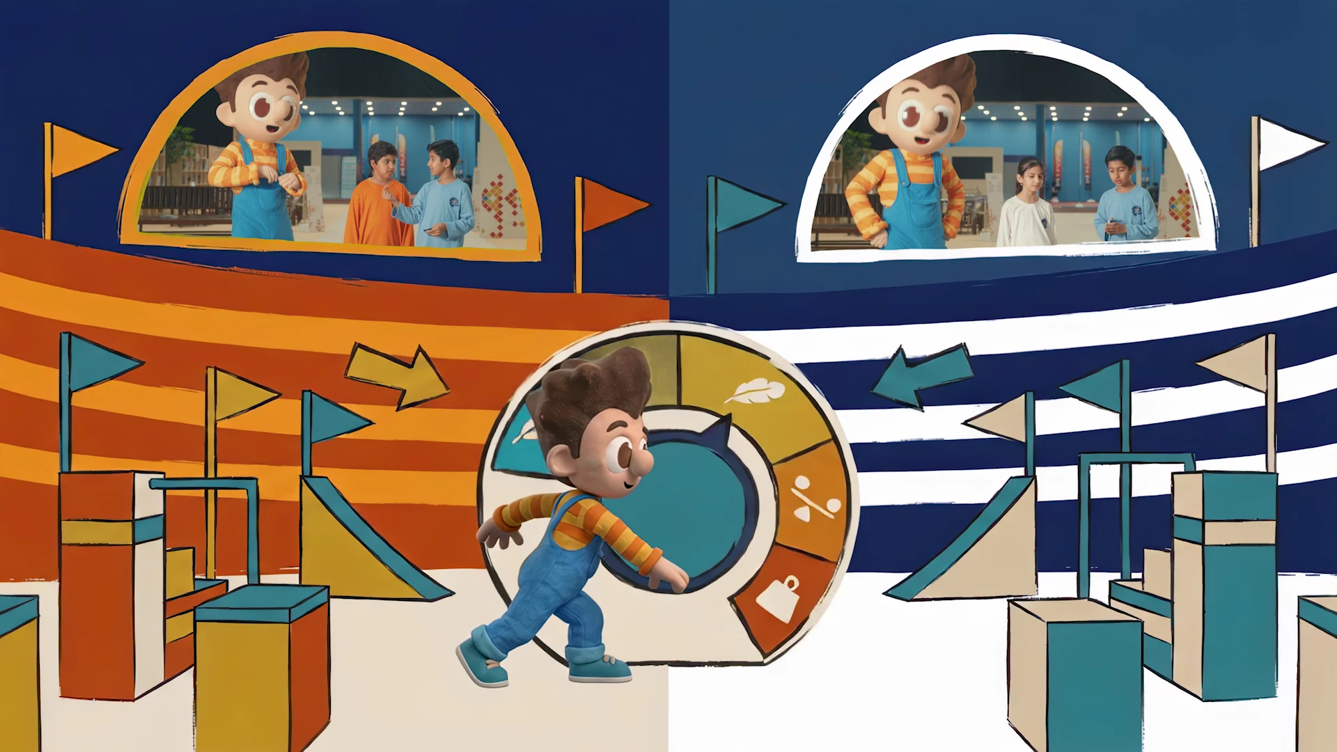 Fodouli pushes the central game wheel inside the illustrated arena