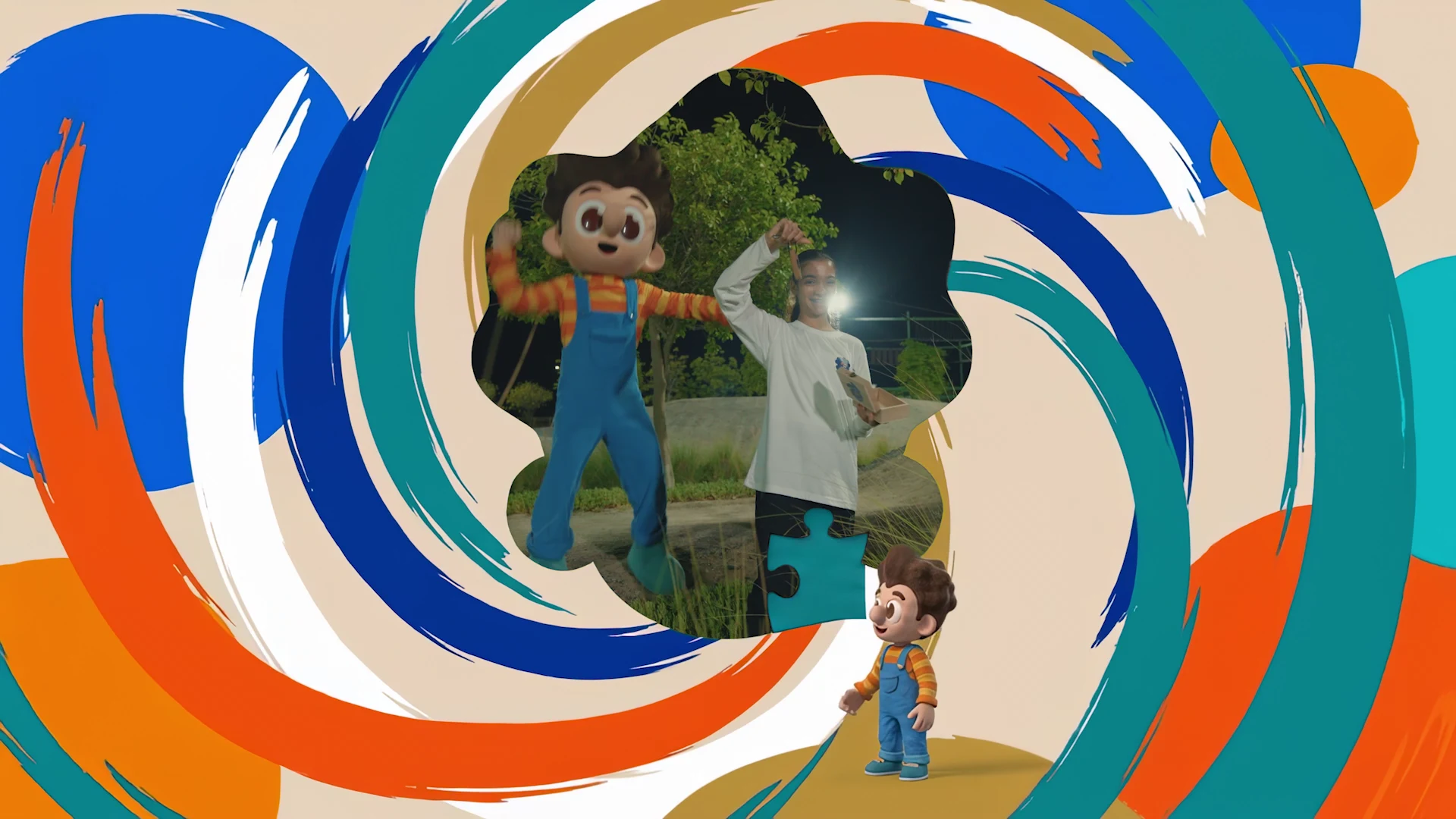 Fodouli connects the live-action world to a colourful circular puzzle